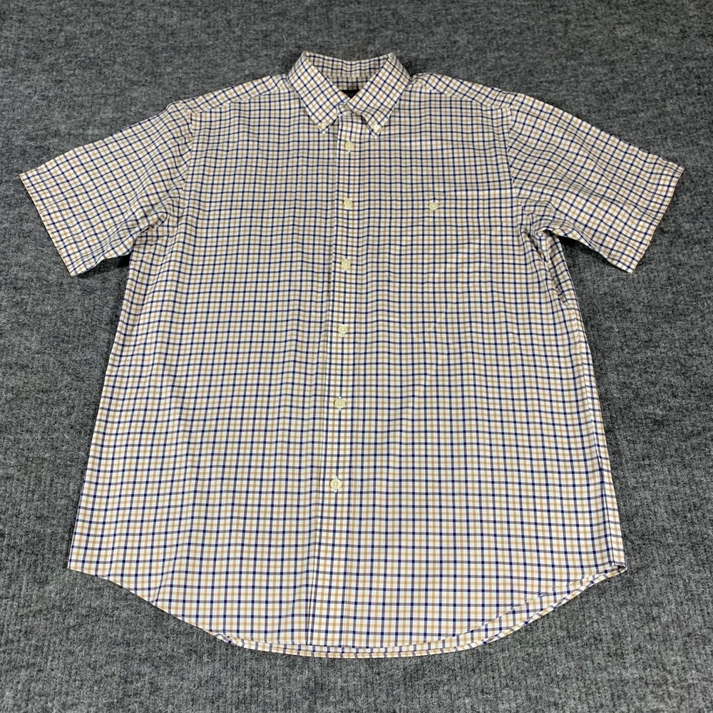 Orvis Shirt Mens Large Tan Navy Blue Check Plaid Cotton Short Sleeve Button Down